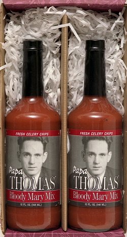 2 bottles of Papa Thomas Bloody Mix in a cranberry colored box